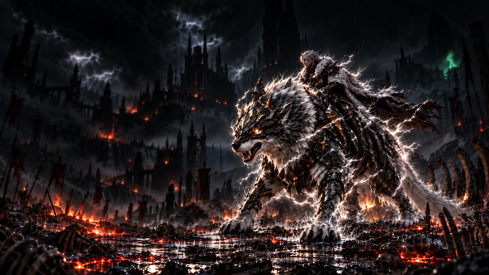 DireWolf, montaria de lobo com armadura cercada por raios